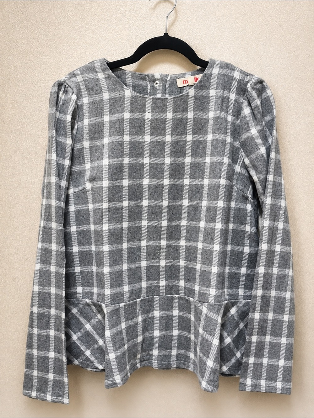 Mazik Gray and White Plaid Peplum Long-Sleeve Top